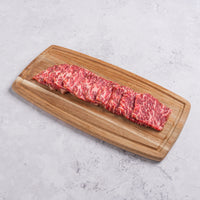Raw steak on a wooden cutting board with a light gray background