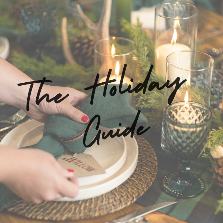 tablescape background with plate and name tag with words The Holiday Guide 