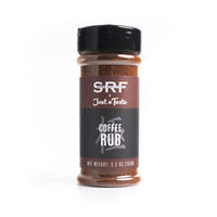 Coffee rub seasoning container with SRF and Just a Taste branding on a white background