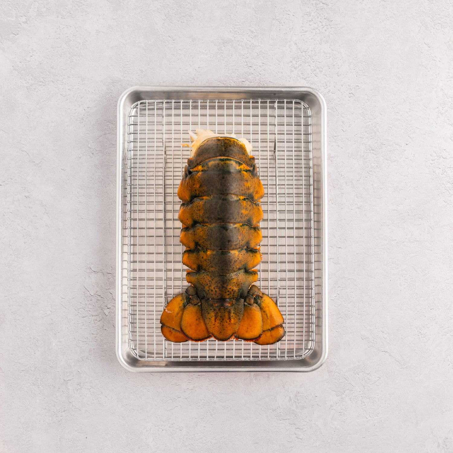 A single jumbo Maine lobster tail on a metal baking sheet with a white background.