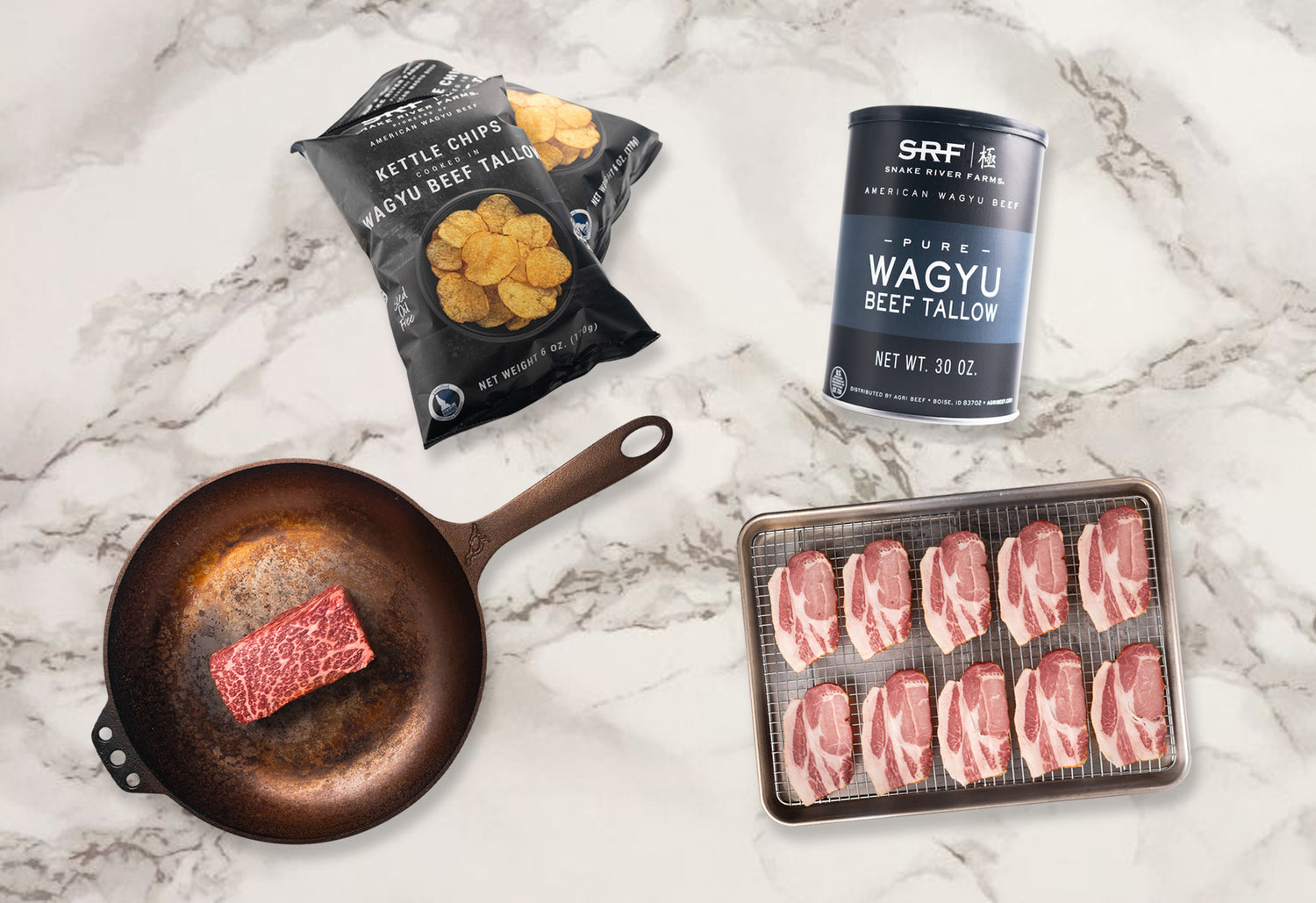 Wagyu container, tallow chips, zabuton, Canadian bacon 