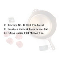 White cast iron skillet with text listing ingredients on a white background