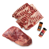 Raw beef ribs with two bottles of SRF BBQ Rub on a white background