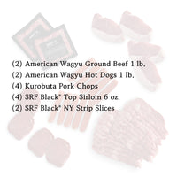 Meat packages with text listing types and quantities of meat products on a white background