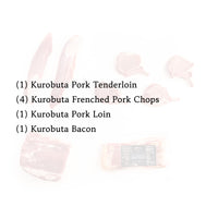 Kurobuta pork products including tenderloin, Frenched pork chops, loin, and bacon on a white background.