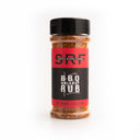 A plastic shatterproof bottle of BBQ Brisket Rub with a black lid, labeled with the Snake River Farms brand.