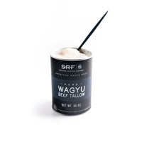 Can of SRF Pure Wagyu Beef Tallow with a spoon on a white background