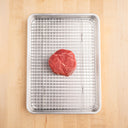 raw SRF Black® steak on rack and in pan |SRF Black®|2 x 4 oz.|6 oz.|8 oz.|10 oz.