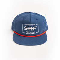 SRF hat snap back blue with white background 