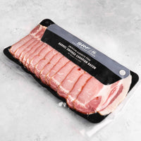 Packaged Canadian bacon with SRF label on a gray surface