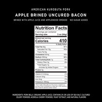Nutrition facts label for American Kurobuta pork apple brined uncured bacon on a black background.