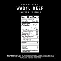 Nutrition facts label for American Wagyu Beef Smoked Beef Sticks on a black background