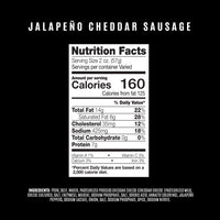 Nutrition facts label for jalapeño cheddar sausage on a black background
