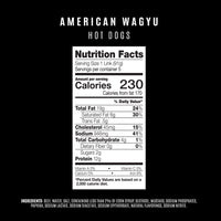 Nutrition facts label for American Wagyu hot dogs on a black background
