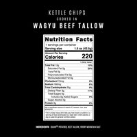 Nutrition facts label for kettle chips cooked in wagyu beef tallow on a black background.