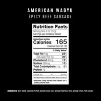 Nutrition facts label for American Wagyu Spicy Beef Sausage on a black background