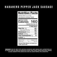 Nutrition facts label for Habanero Pepper Jack Sausage on a black background