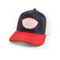 Cap with red and navy design on a white background