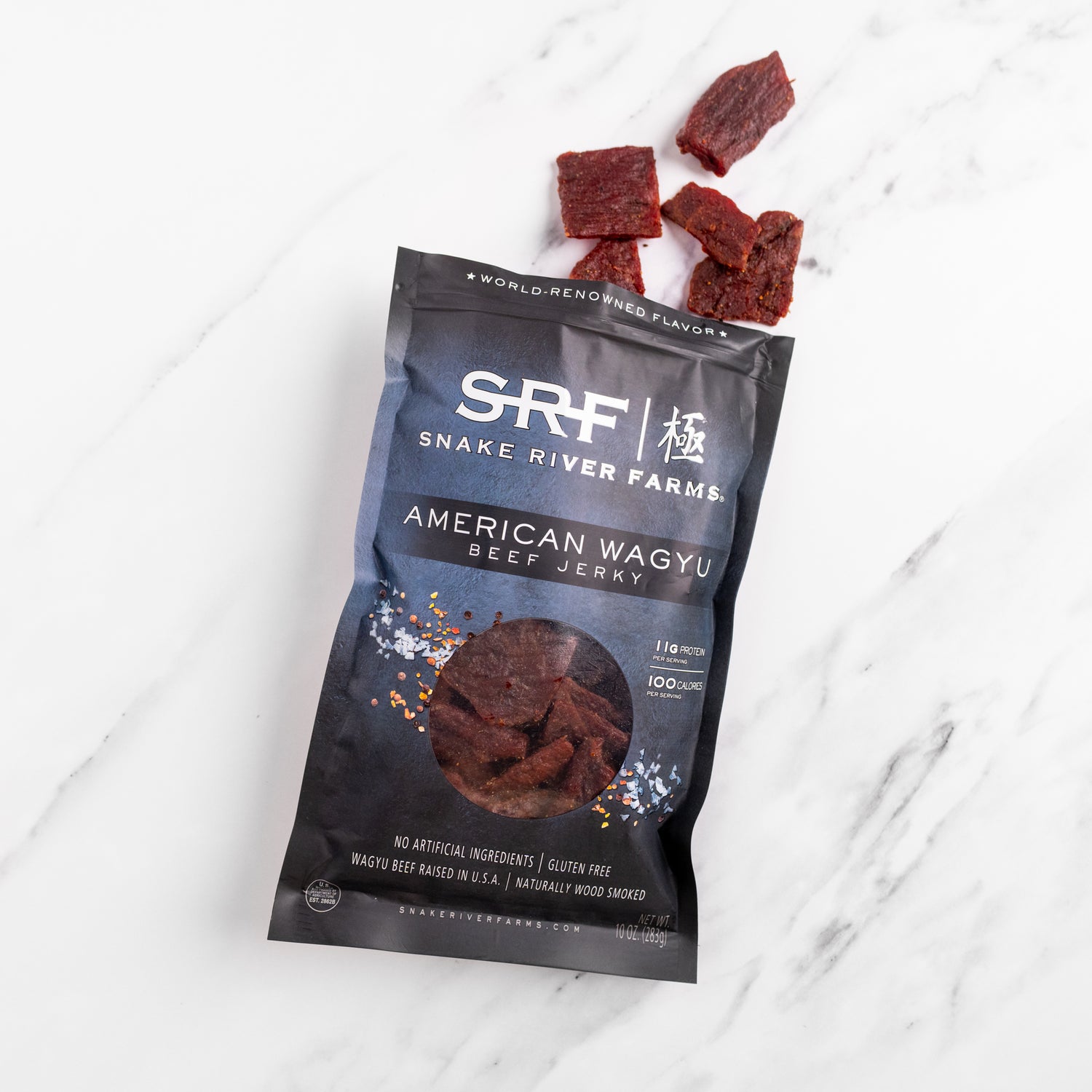 Snake River Farms American Wagyu Beef Jerky package on a marble surface