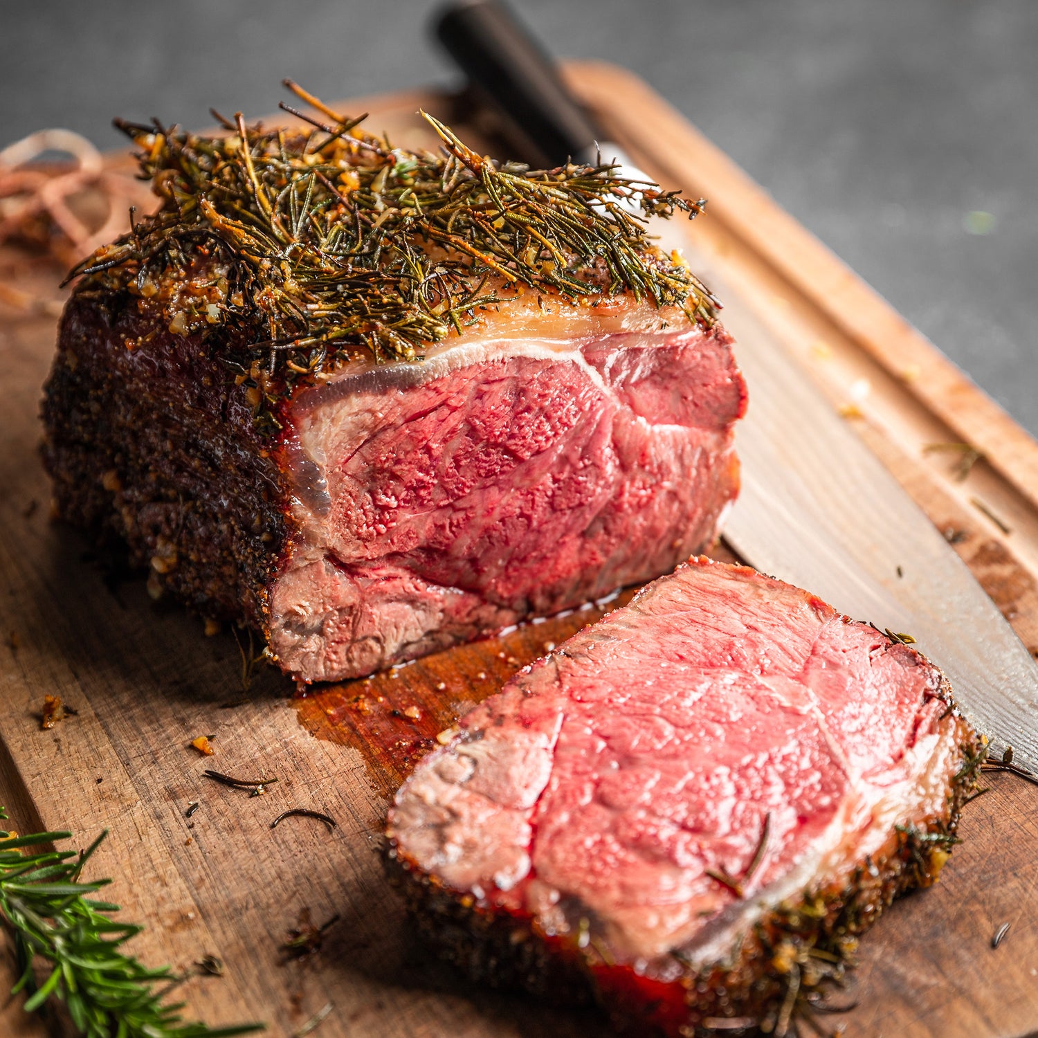 cooked Manhattan roast sliced with herbs 