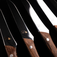 Set of knives with wooden handles and metallic blades on a dark background