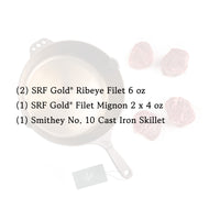 White cast iron skillet with text detailing SRF Gold ribeye filet, filet mignon, and Smithey No. 10 skillet.