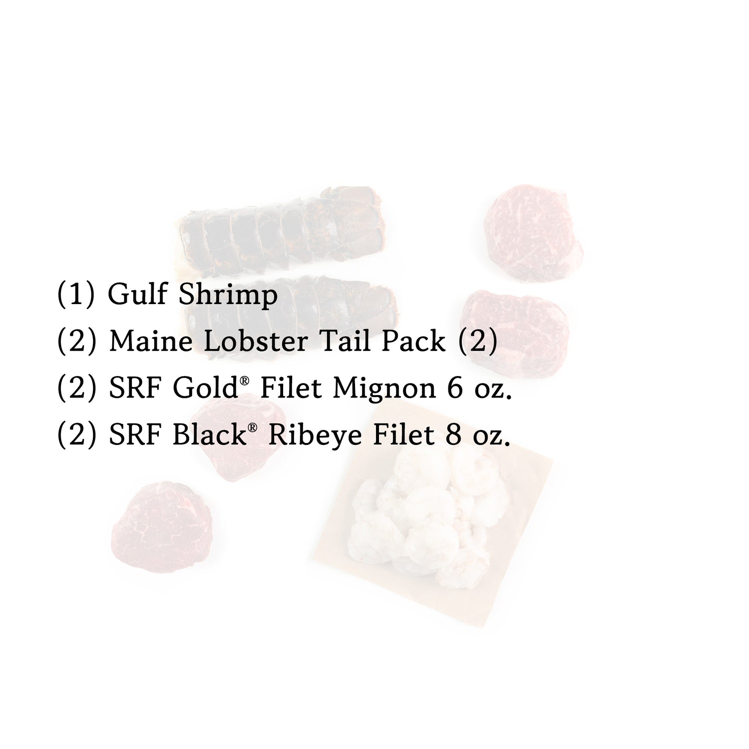 Black text list of products overlayed on the image of the contents of the package