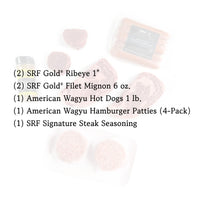 Assorted food products including SRF Gold ribeye, filet mignon, American Wagyu hot dogs, hamburger patties, and seasoning on a white background.