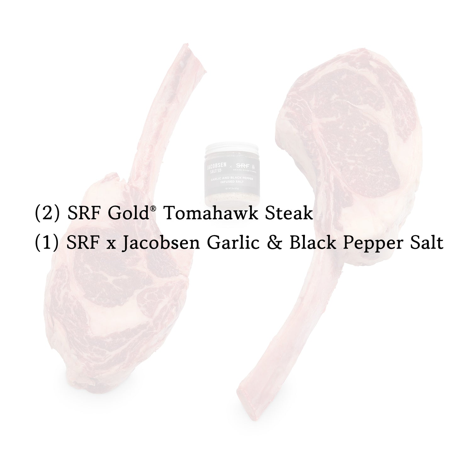 black text overlayed on an image of raw tomahawk steaks with a small jar of garlic and black pepper salt in between them, all presented on a white background.