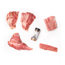 Raw SRF meat slices and a spice container on a white background