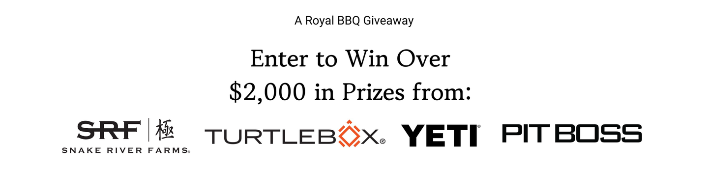 Promotional banner for a Royal BBQ Giveaway with prize sponsors listed.