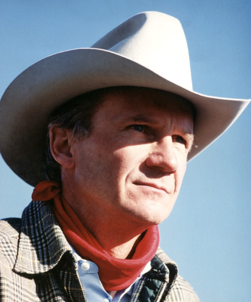 Man wearing a cowboy hat and plaid jacket with a red scarf against a blue sky.