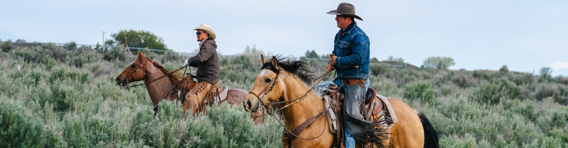 Two cowboys on horseback in a desert landscape