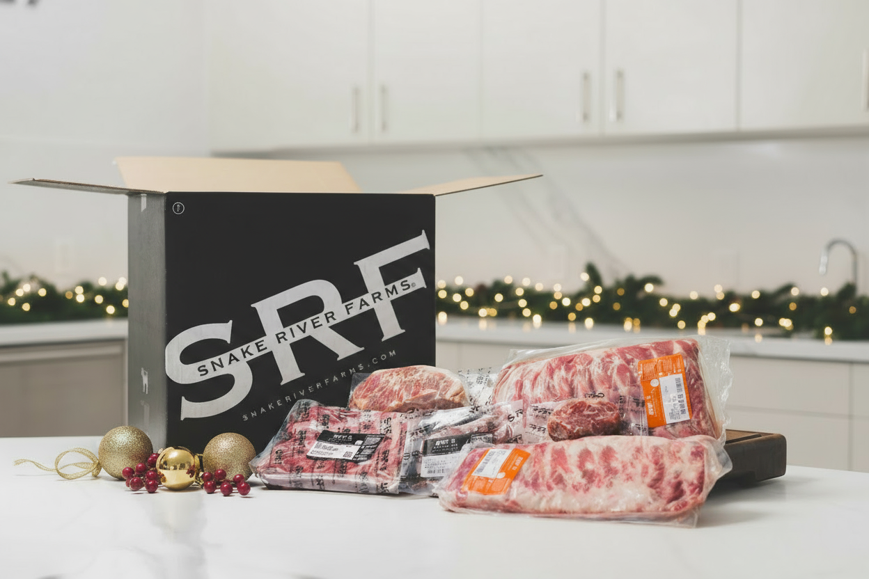 open SRF box on the counter with products  and holiday decor 