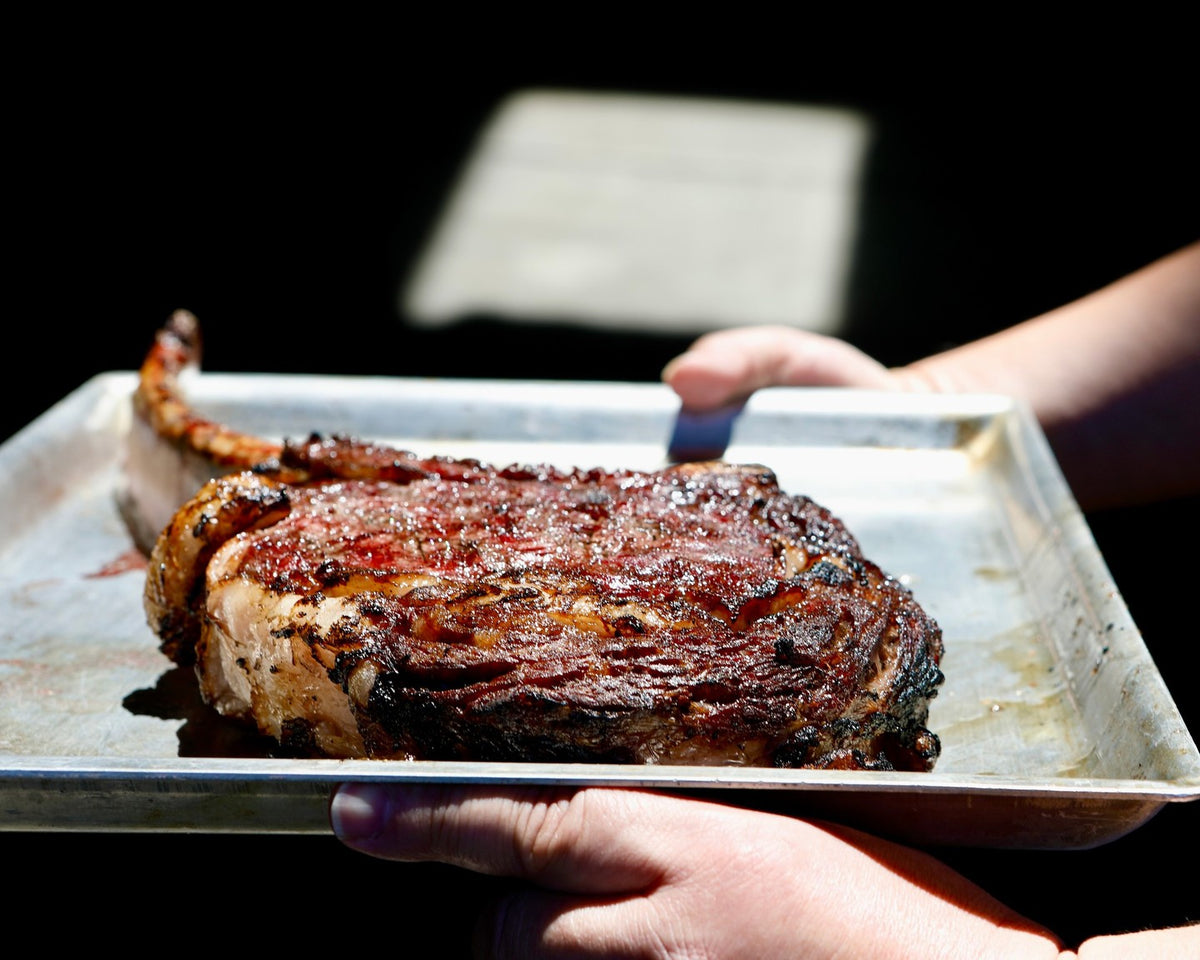 A large grilled or roasted ribeye steak with charred grill marks sits on a metal baking tray, held by two hands against a dark background.