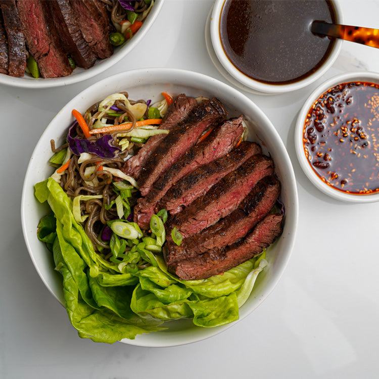 Soba Steak dish with sauces 
